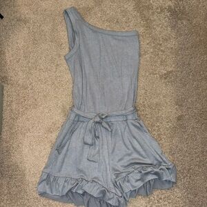 Ocean Drive - Ribbed Romper with Pockets and Removable Tie - Blue - Small